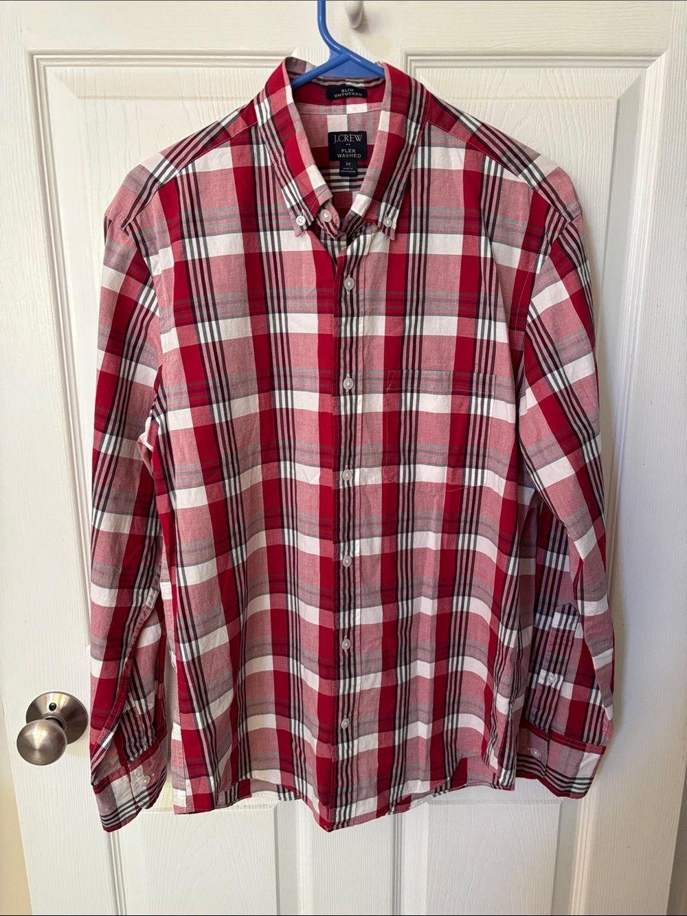 J. Crew Slim Untucked Flex Washed Red and White Plaid Button-Down Shirt